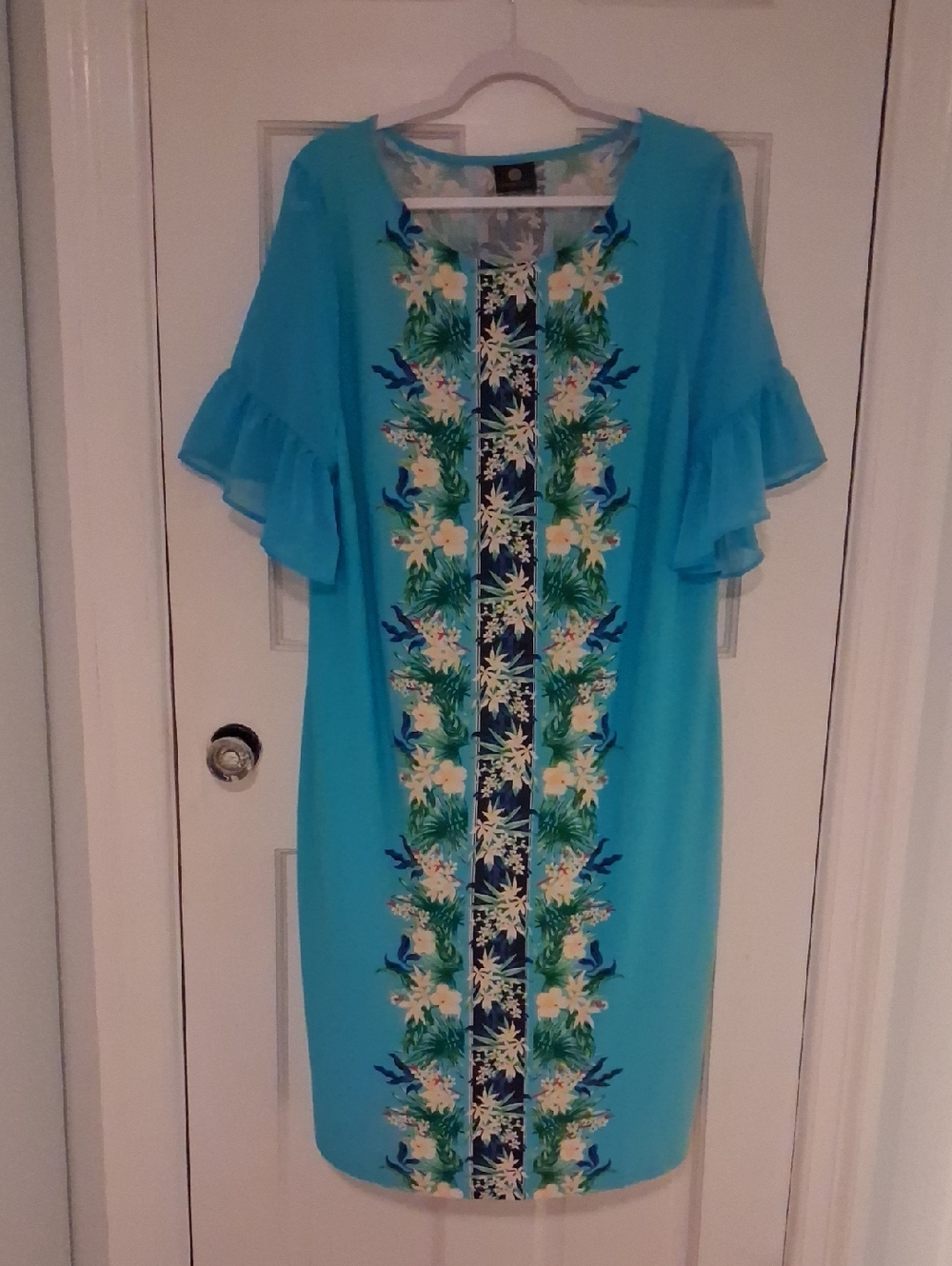 JM Collection Turquoise Floral-Striped Ruffle Sleeve Dress